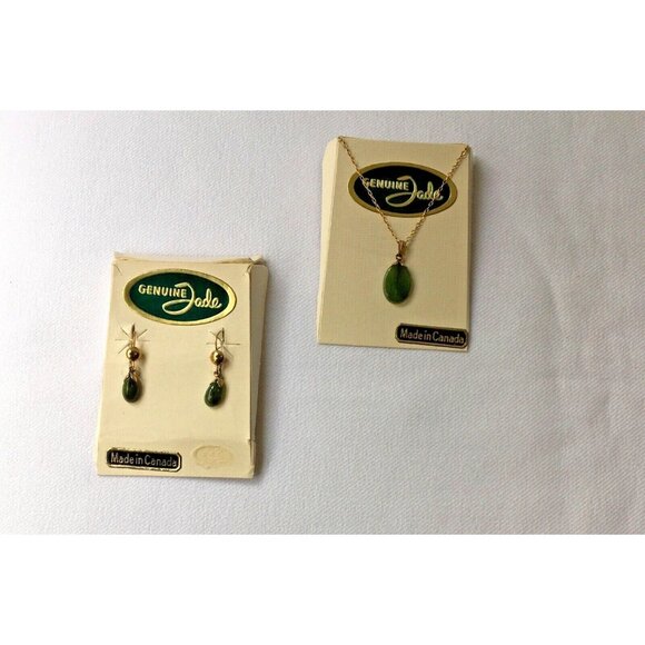 Vintage Genuine Jade Pendant Necklace & Earrings Gold Filled Made In Canada - Picture 1 of 3